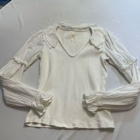 By Anthropologie Ruffled Ivory Blouse Top Ribbed Long Sleeve Ivory Size Small - Picture 1 of 9